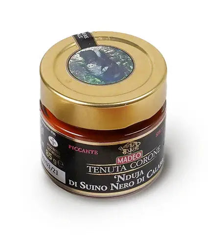 Nduja Suino Nero Calabria - Vasetto Crema Piccante da 85g con etichetta Tenuta Corone, salume spalmabile tipico calabrese in vetro sigillato